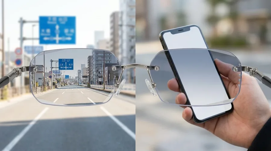 Split image from the maker's page: a street sign seen far away and a phone held close through the same frame