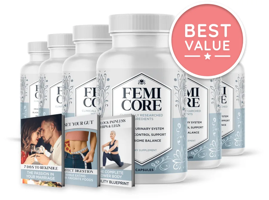 Six bottles of FemiCore with bonus guides