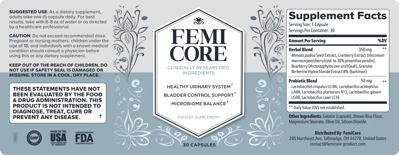 FemiCore Supplement Facts label