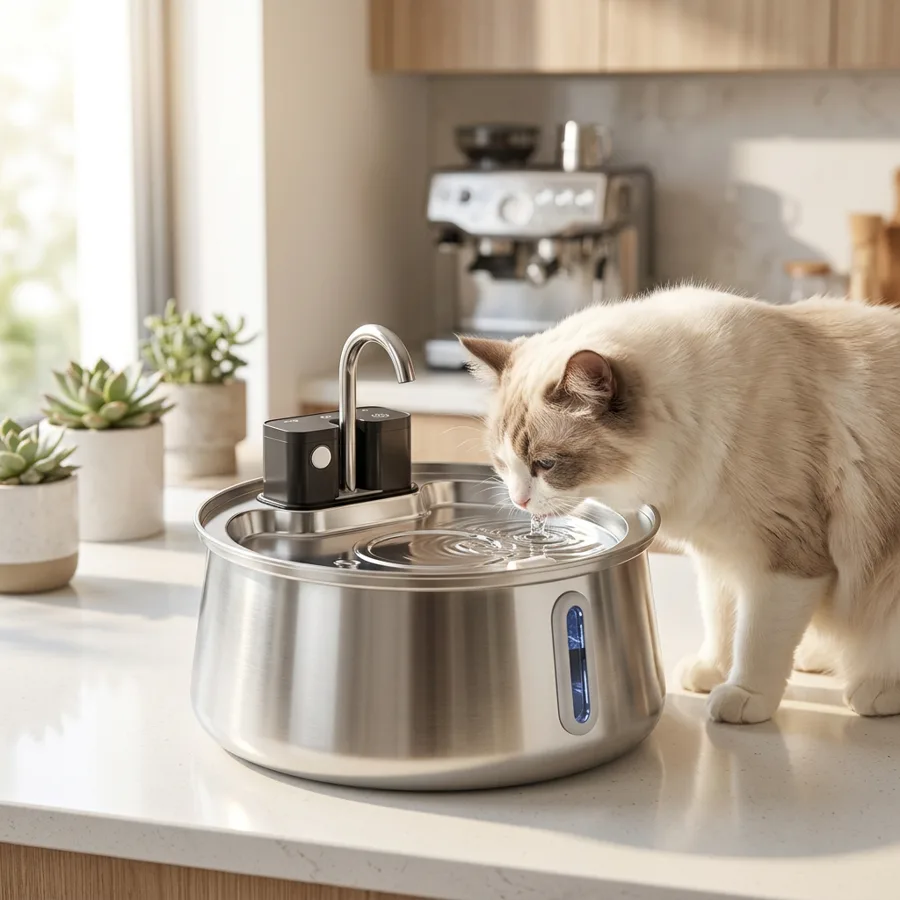 Cat drinking from FounTail on a kitchen counter