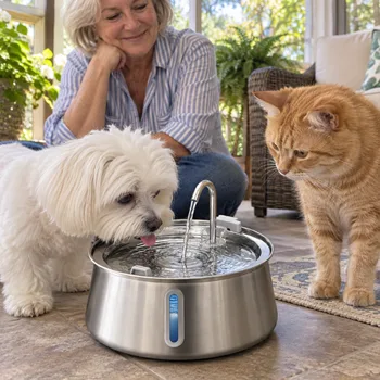 Dog and cat next to the FounTail fountain