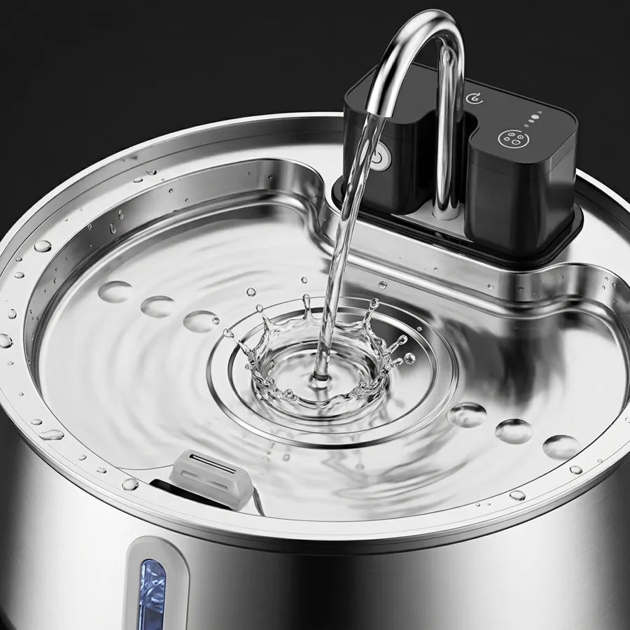Close-up of FounTail's faucet stream filling the stainless steel bowl