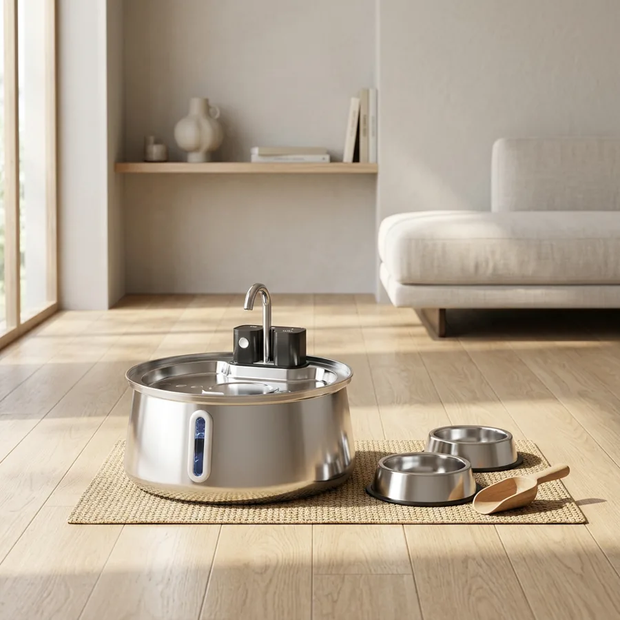 FounTail stainless steel pet fountain in a bright living room