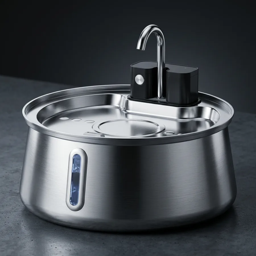 FounTail stainless steel fountain on a dark background
