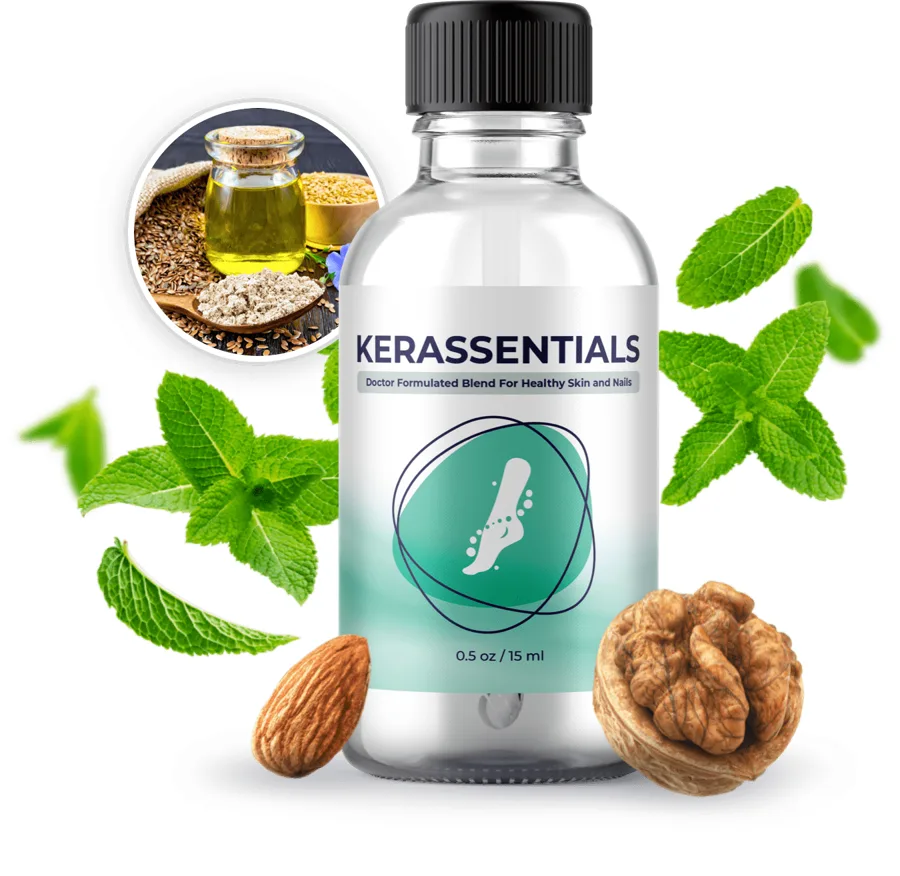 Bottle of Kerassentials oil with almond, walnut and mint leaves