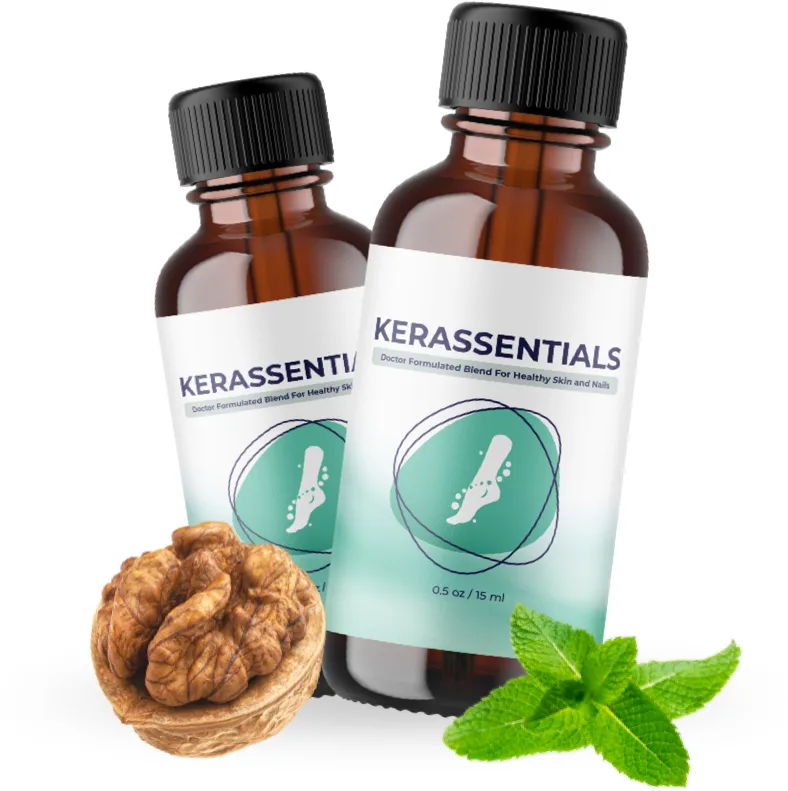 Two amber bottles of Kerassentials nail and skin oil with a walnut and mint leaves