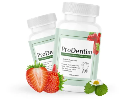 Two bottles of ProDentim next to fresh strawberries