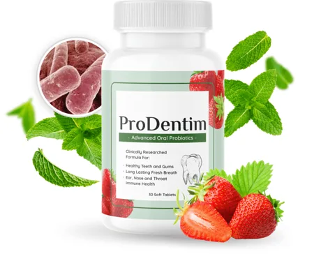 Bottle of ProDentim oral probiotic tablets with strawberries and mint