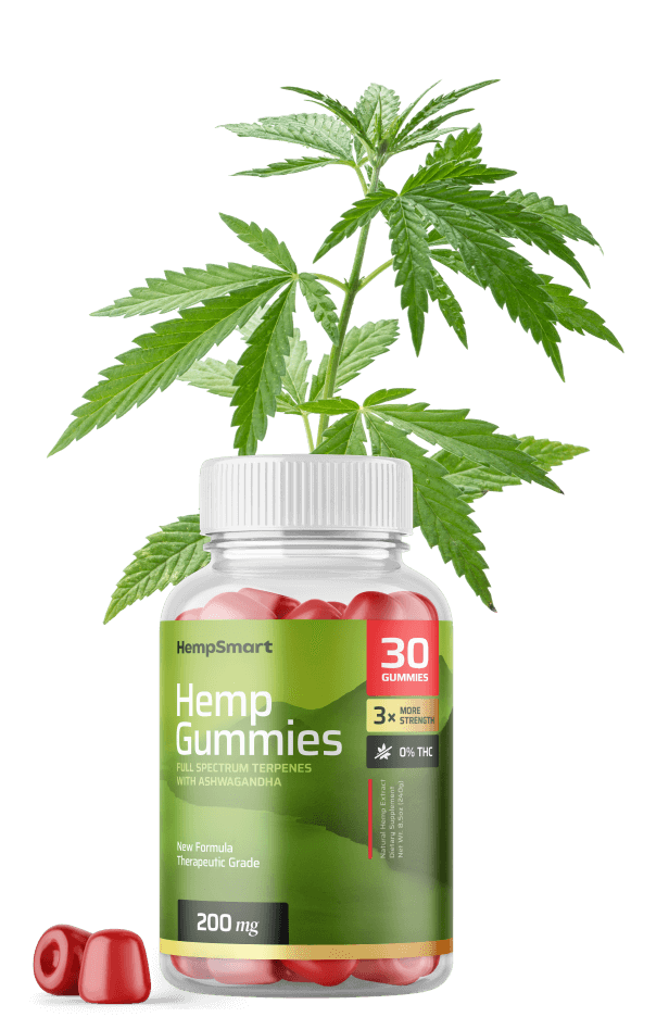 Smart Hemp Gummies bottle with hemp leaves in the background. A premium CBD supplement for pain relief, anxiety reduction, and better sleep.