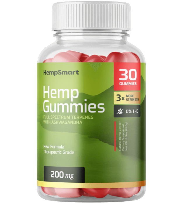 Smart Hemp Gummies bottle with 30 gummies, labeled as a natural supplement for wellness and relaxation.