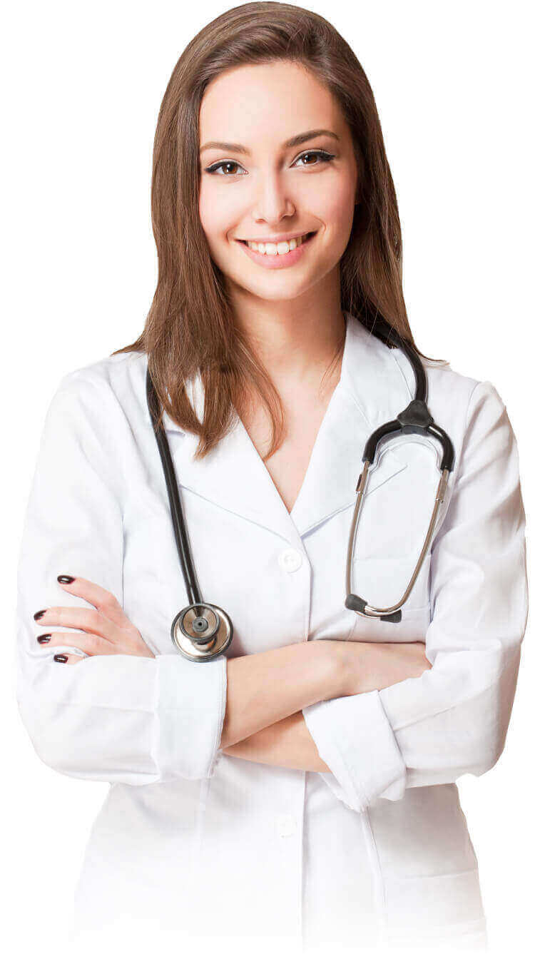 Smiling female doctor with stethoscope recommending Smart Hemp Gummies Australia for wellness.